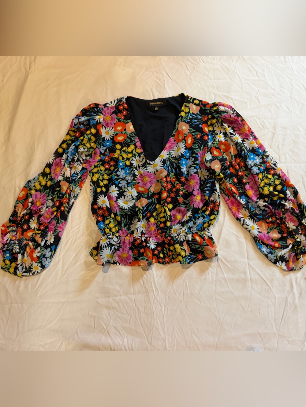Sugarlips Black Floral Puff Sleeve Top